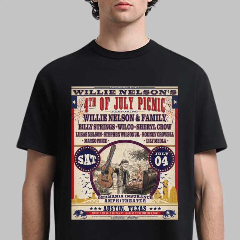 Willie Nelson's 4th Of July Picnic 2026 Show Poster In Austin Texas Shirt Willie Nelson's Merch