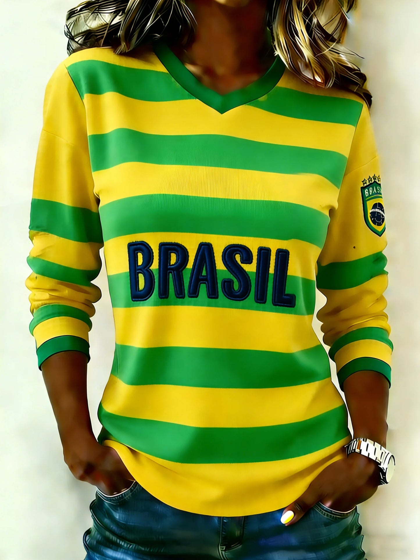 Brazil Soccer World Cup 2026 Long Sleeve V-Neck Shirt Yellow Green Striped FIFA Merch Women's