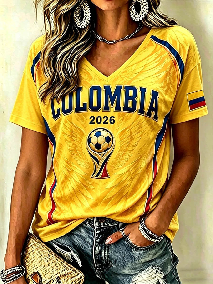 Colombia Soccer 2026 World Cup V-Neck Shirt Colombia Football Clothes Unique Game Day Gifts