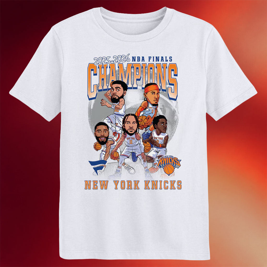 New York Knicks Champions Merch NY Knicks Fanatics White 2026 Finals Champions Caricature T-Shirt