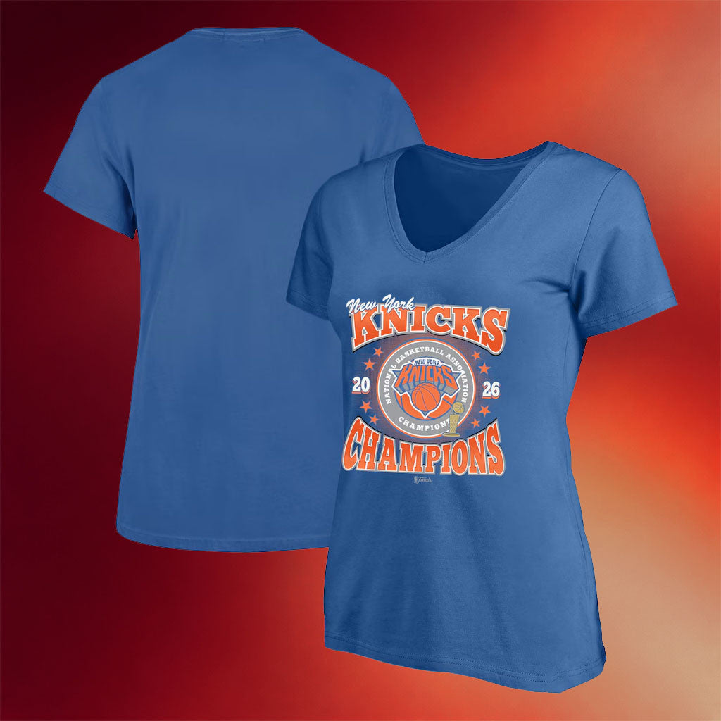 New York Knicks Champions Merch 2026 Knicks 47 Blue Finals Champions V-Neck T-Shirt Womens