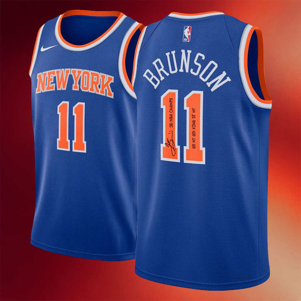 Jalen Brunson Merch 2026 New York Knicks Champions #11 Jalen Brunson Signed Icon Swingman Jersey