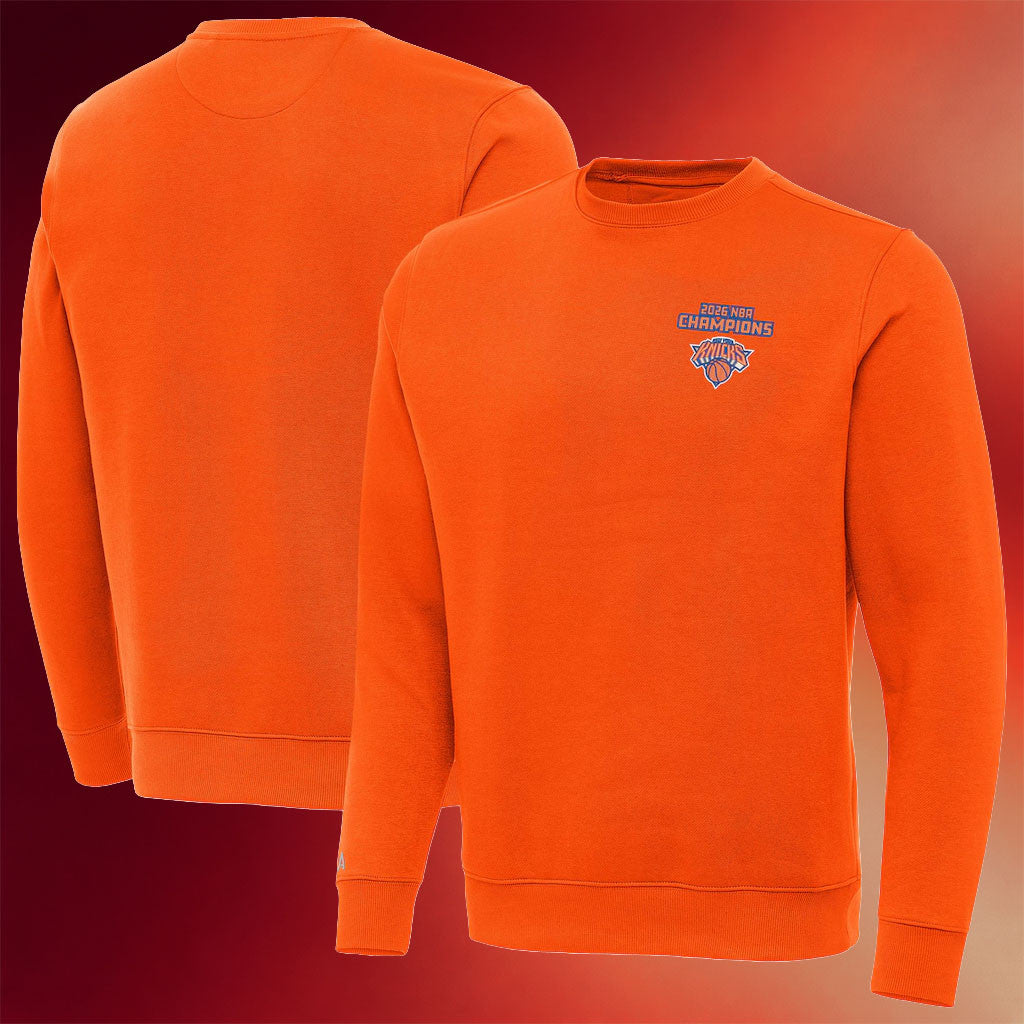 New York Knicks Champions Merch Knicks Antigua Orange 2026 Finals Champions Victory Sweatshirt