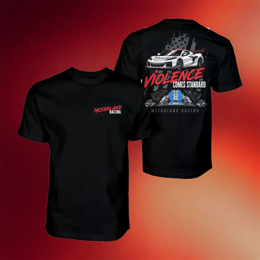 Cleetus McFarland Merch 2026 Cleetus Violence Comes Standard Corvette T-Shirt Racing Fan Gifts