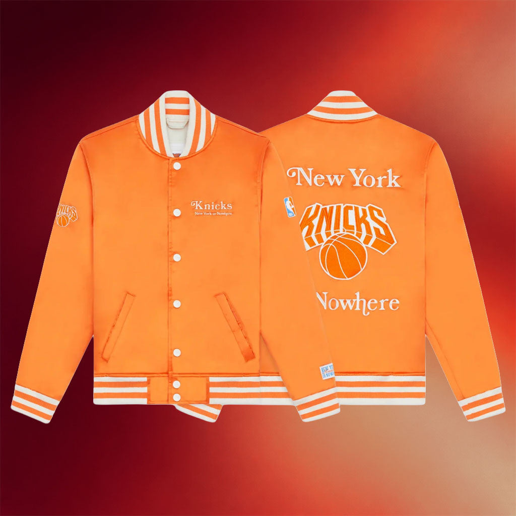New York Or Nowhere Merch NYON X Knicks Give And Go Varsity Jacket Orange Gifts For Fans