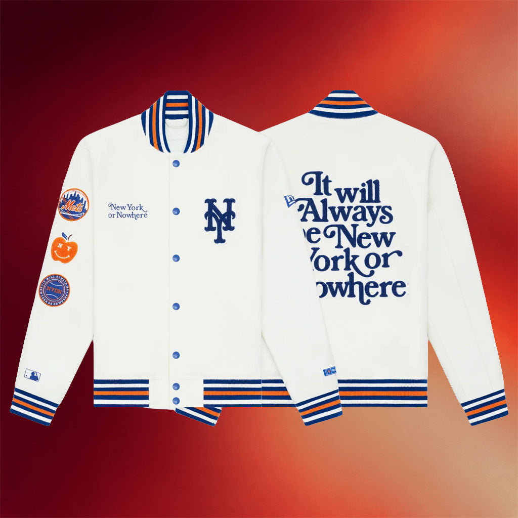 New York Or Nowhere Merch NYON X Mets Motto Varsity Jacket 2026 Baseball Fan Apparel White