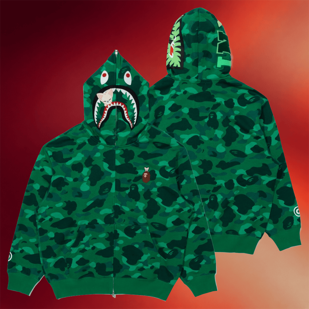 Stray Kids Merch 2026 BAPE X Stray Kids FoxINY Shark Full Zip Hoodie Stray Kids Green Camo Hoodie