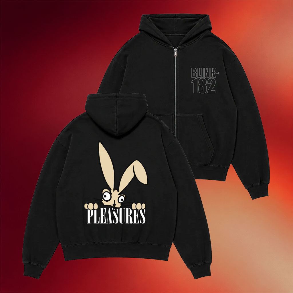 Blink 182 Merch 2026 PLEASURES X Blink 182 Bunny Peek Zip Hoodie Black Gift For Friends