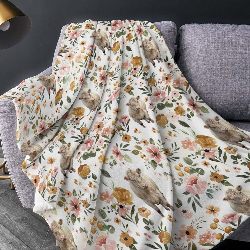 Shorthorn Floral Pattern Blanket, Farm Blanket, Farm Animal Blanket