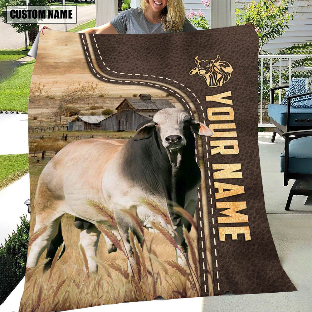 Personalized Name Brahman Leather Pattern Blanket, Farm Blanket, Farm Animal Blanket