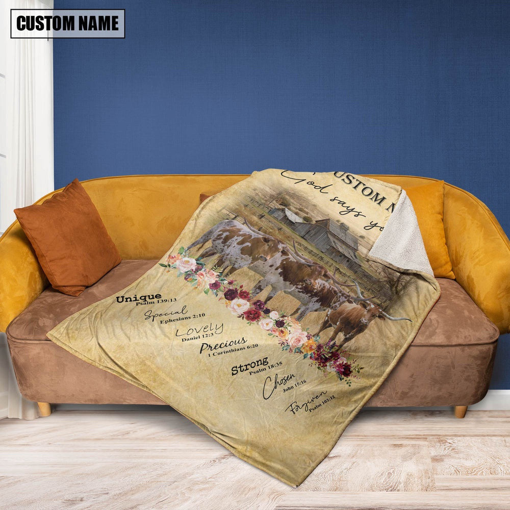 God Says You Are Personalized Name Texas Longhorn Blanket, Farm Blanket, Farm Animal Blanket