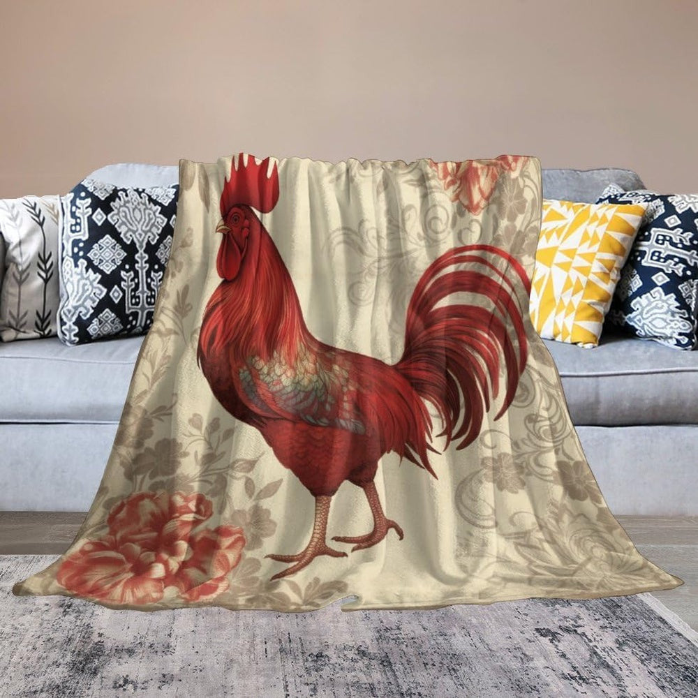 Red Rooster Chickens Flower Painting Pattern Blanket, Farm Blanket, Farm Animal Blanket
