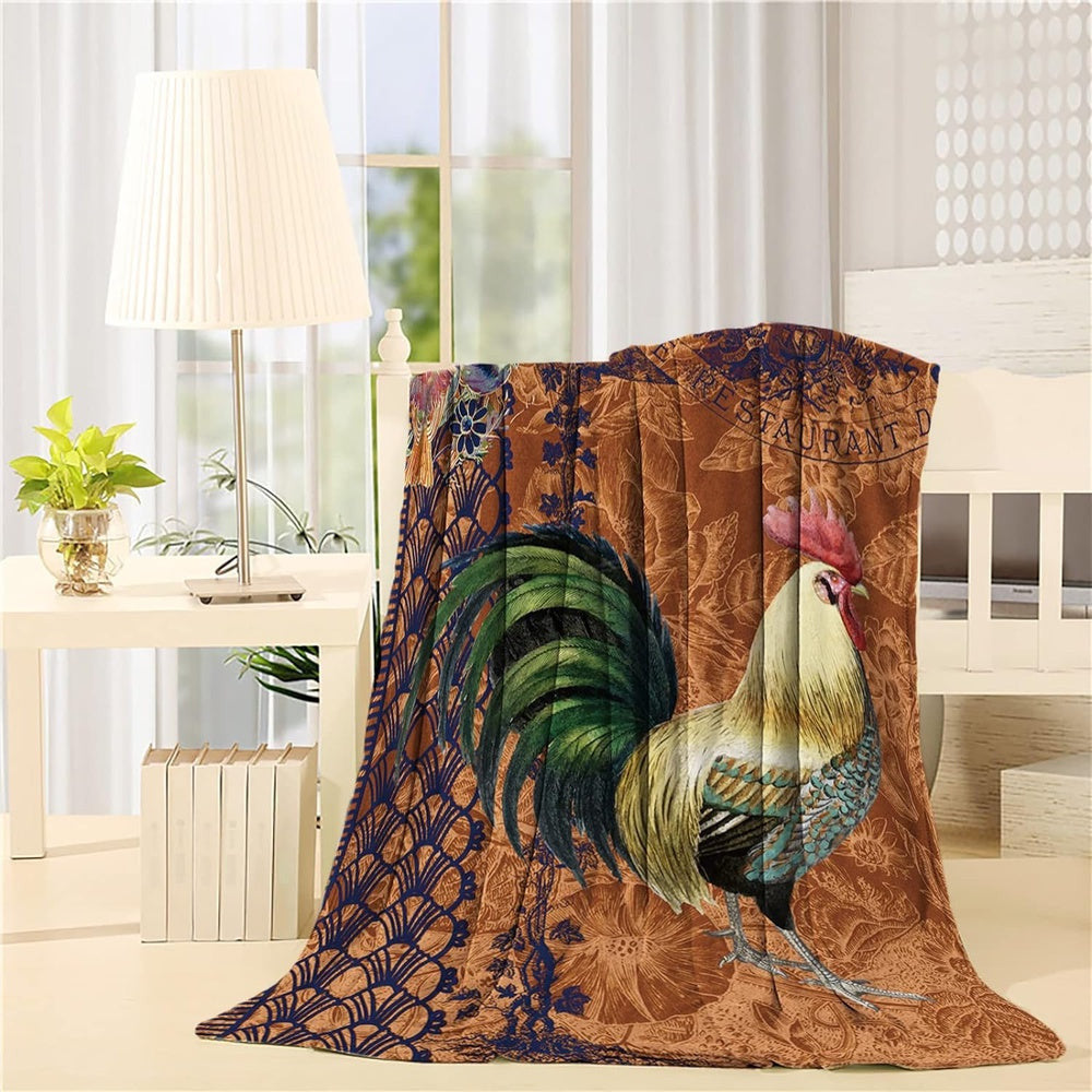 Rooster Chickens Vintage Flowers Pattern Blanket, Farm Blanket, Farm Animal Blanket