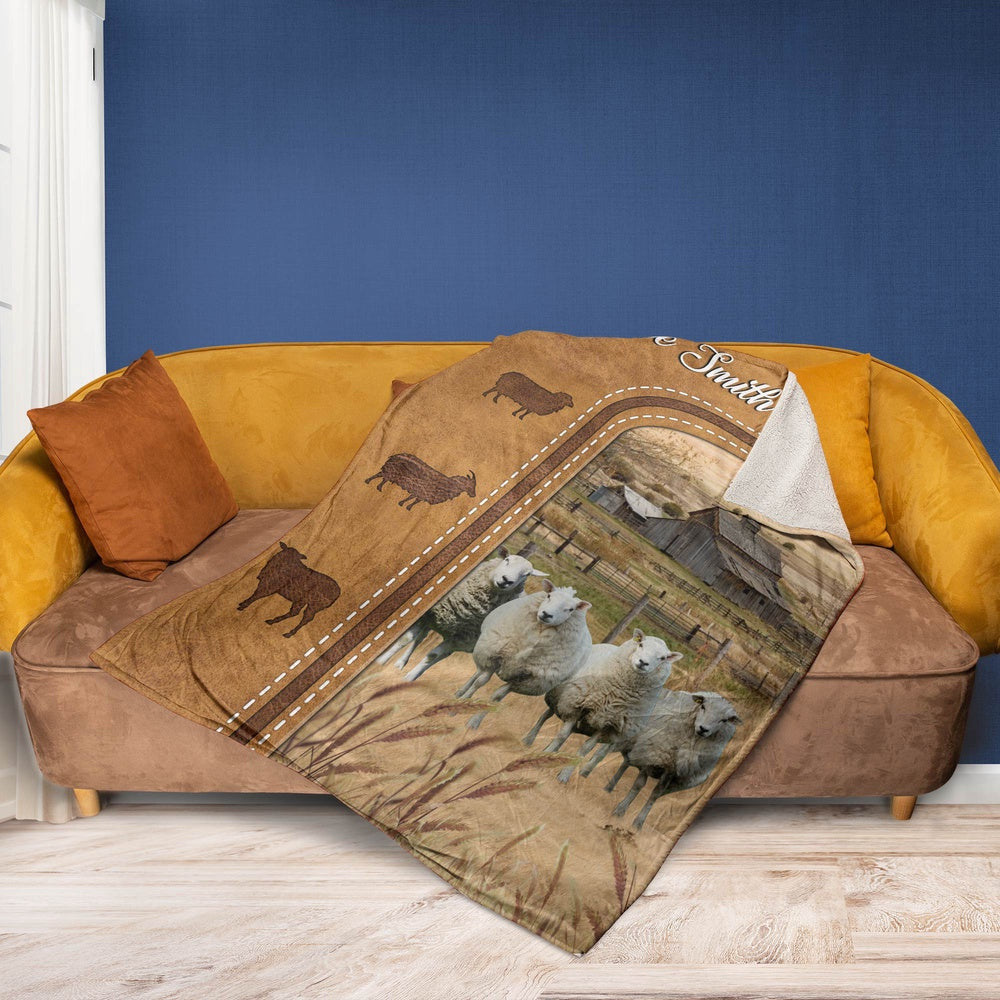 Personalized Sheep Cattle In Field Farmhouse Blanket, Farm Blanket, Farm Animal Blanket