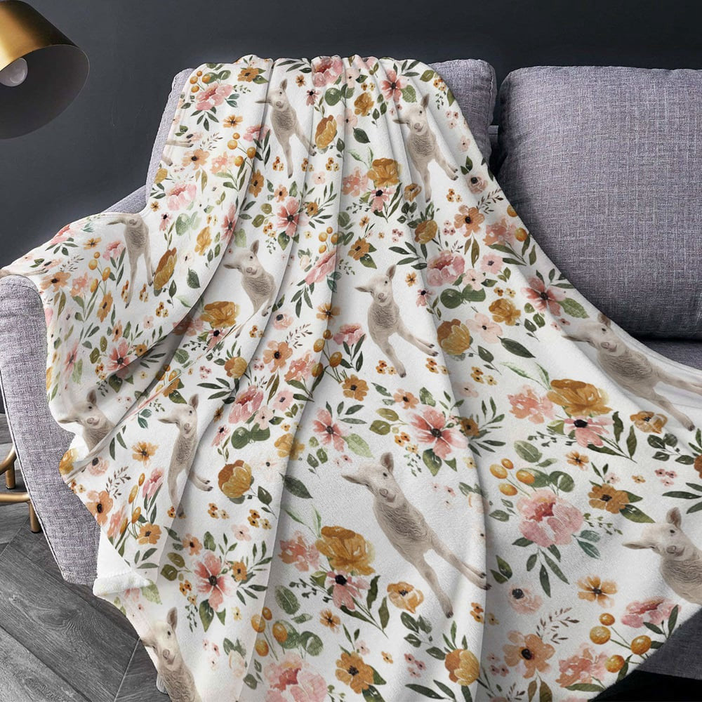 Sheep Floral Pattern Blanket, Farm Blanket, Farm Animal Blanket