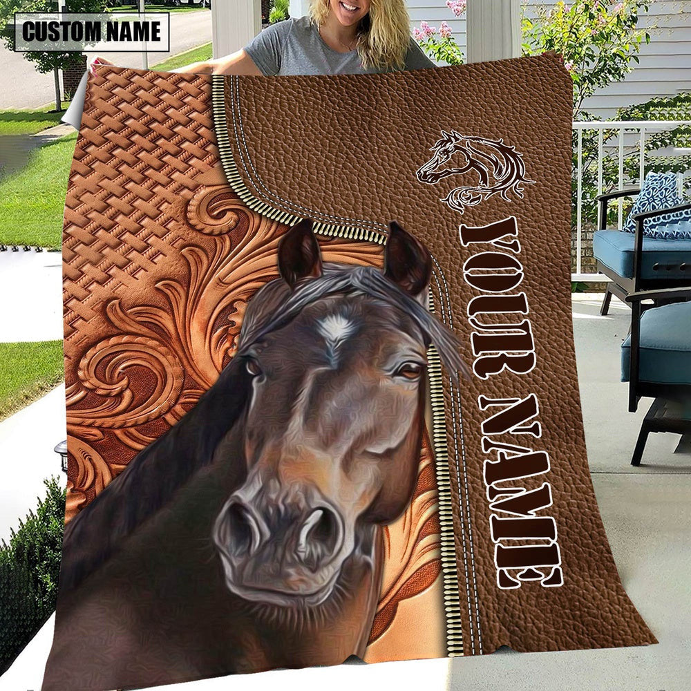 Custom Name Horse Leather Carving Blanket, Farm Blanket, Farm Animal Blanket