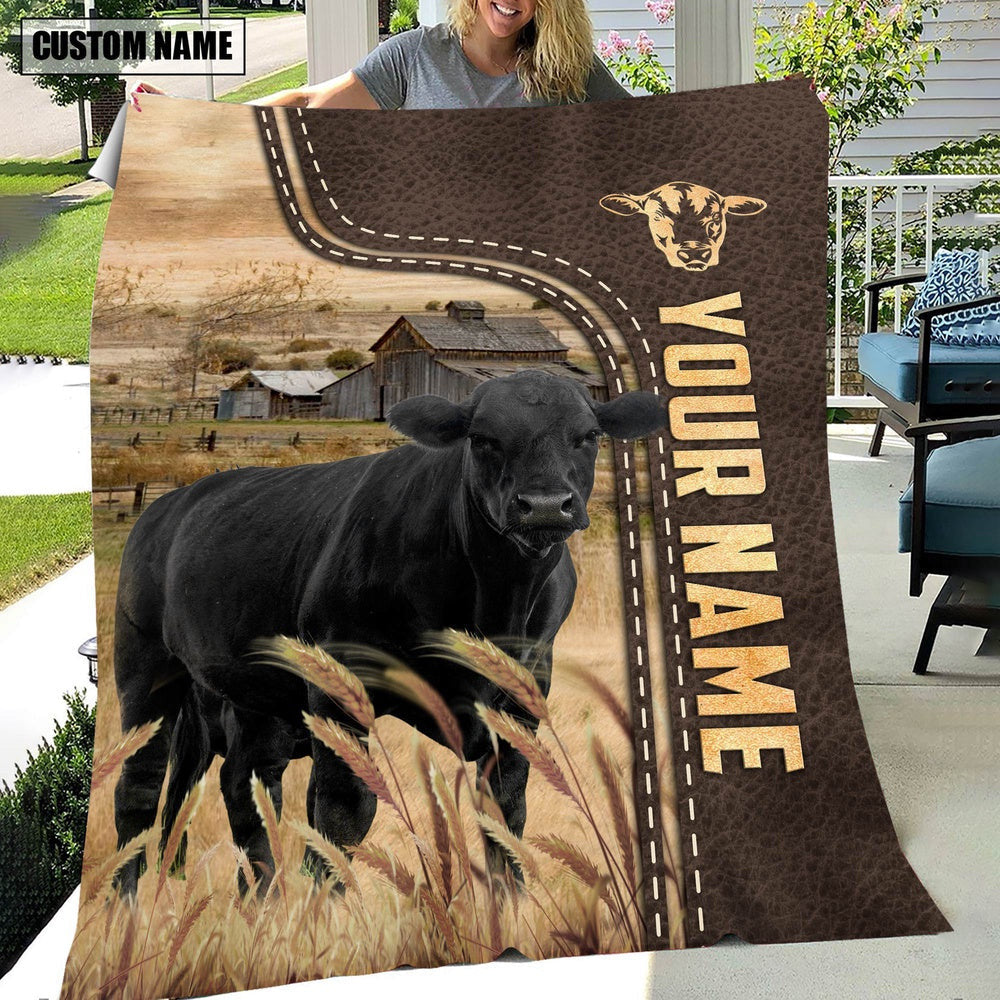 Personalized Name Black Angus Leather Pattern Blanket, Farm Blanket, Farm Animal Blanket