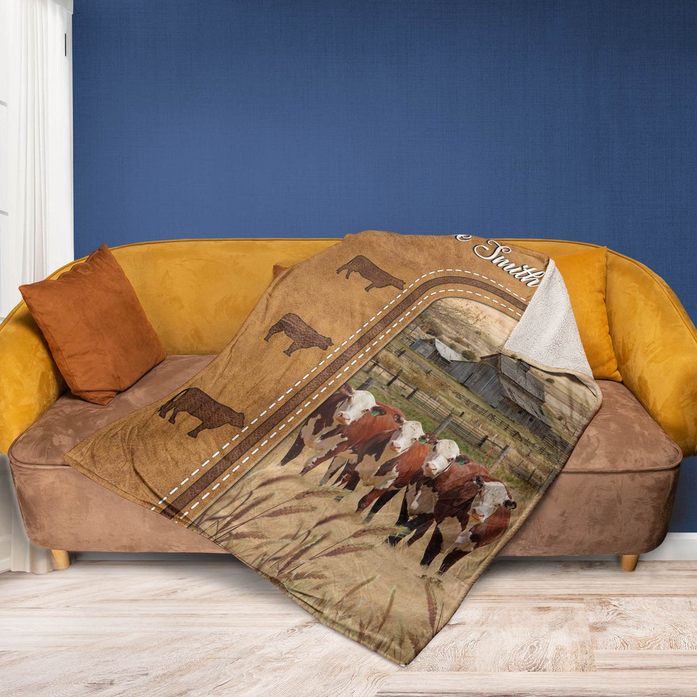 Personalized Hereford Cattle In Field Farmhouse Blanket, Farm Blanket, Farm Animal Blanket