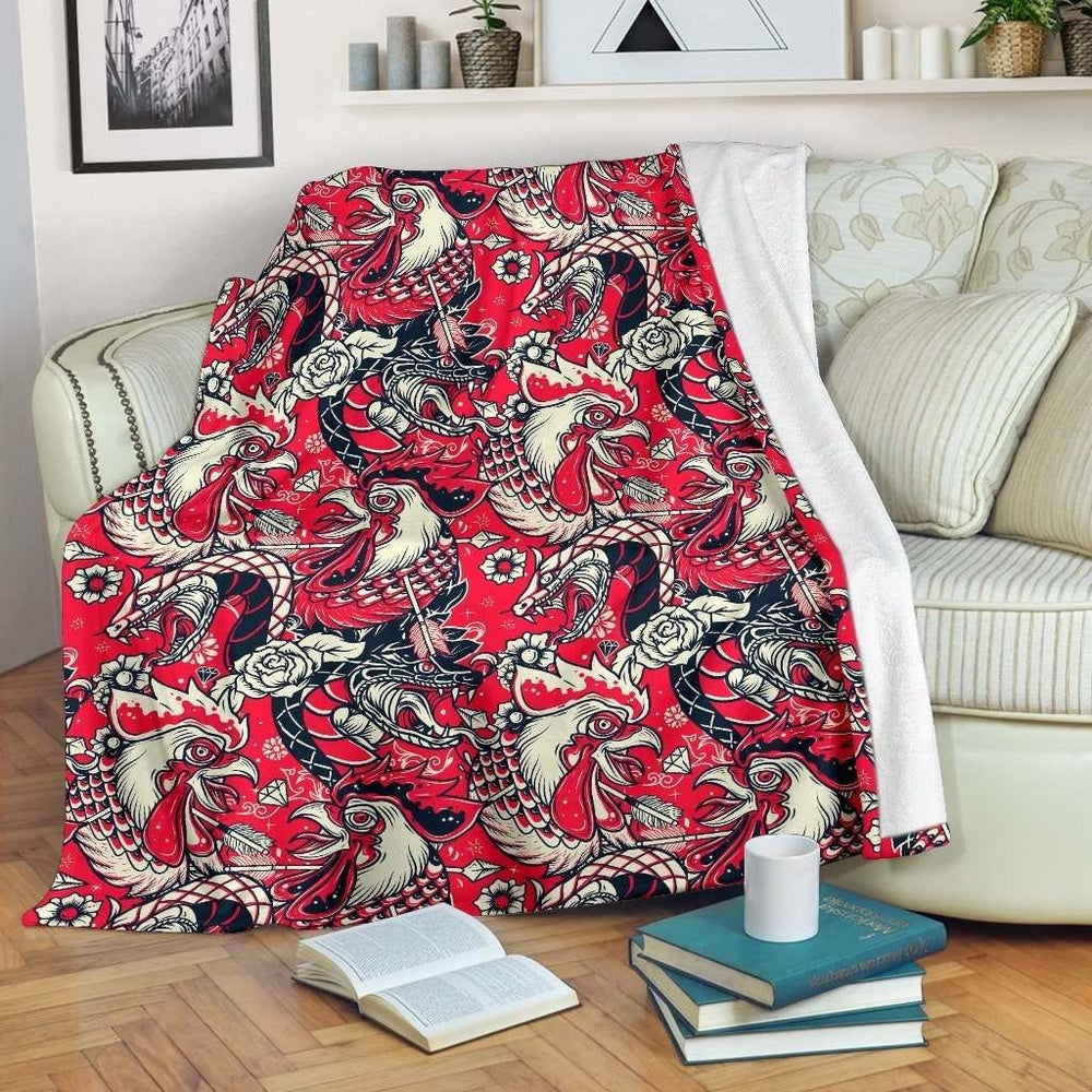 Rooster Chickens Illustration Art Printed Blanket, Farm Blanket, Farm Animal Blanket