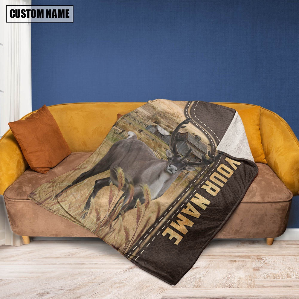 Personalized Name Reindeer Leather Pattern Blanket, Farm Blanket, Farm Animal Blanket