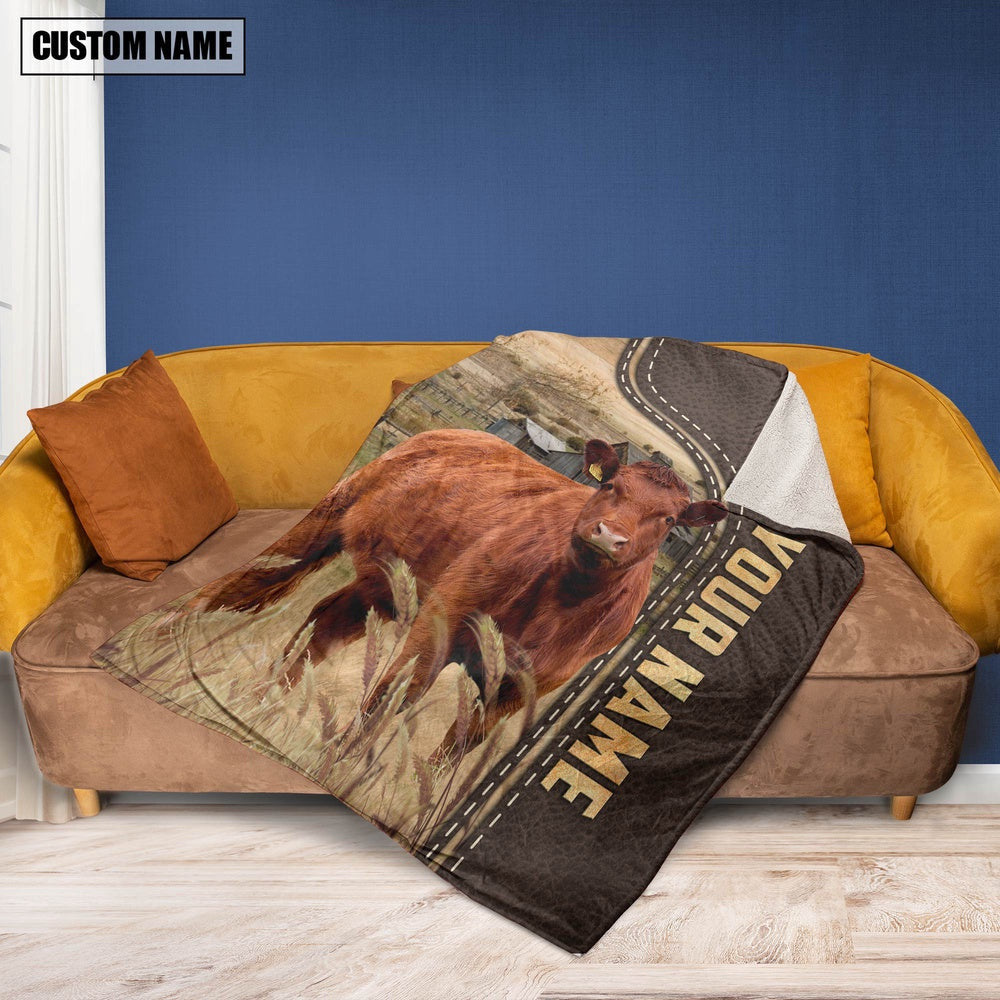 Personalized Name Red Angus Leather Pattern Blanket, Farm Blanket, Farm Animal Blanket