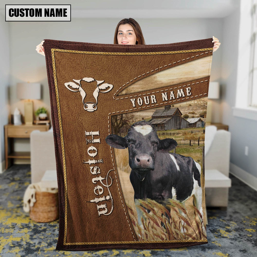 Personalized Name Holstein Farm Leather Brown Blanket, Farm Blanket, Farm Animal Blanket