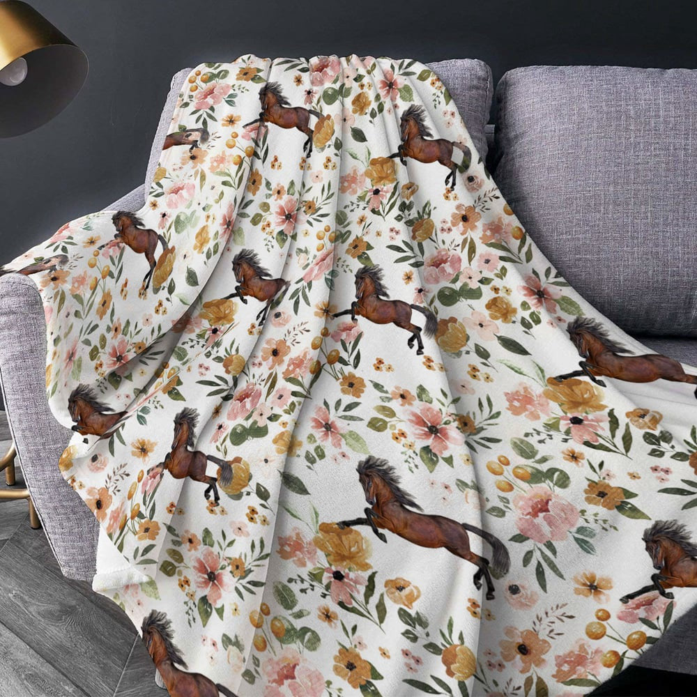 Thoroughbred Horse Floral Pattern Blanket, Farm Blanket, Farm Animal Blanket