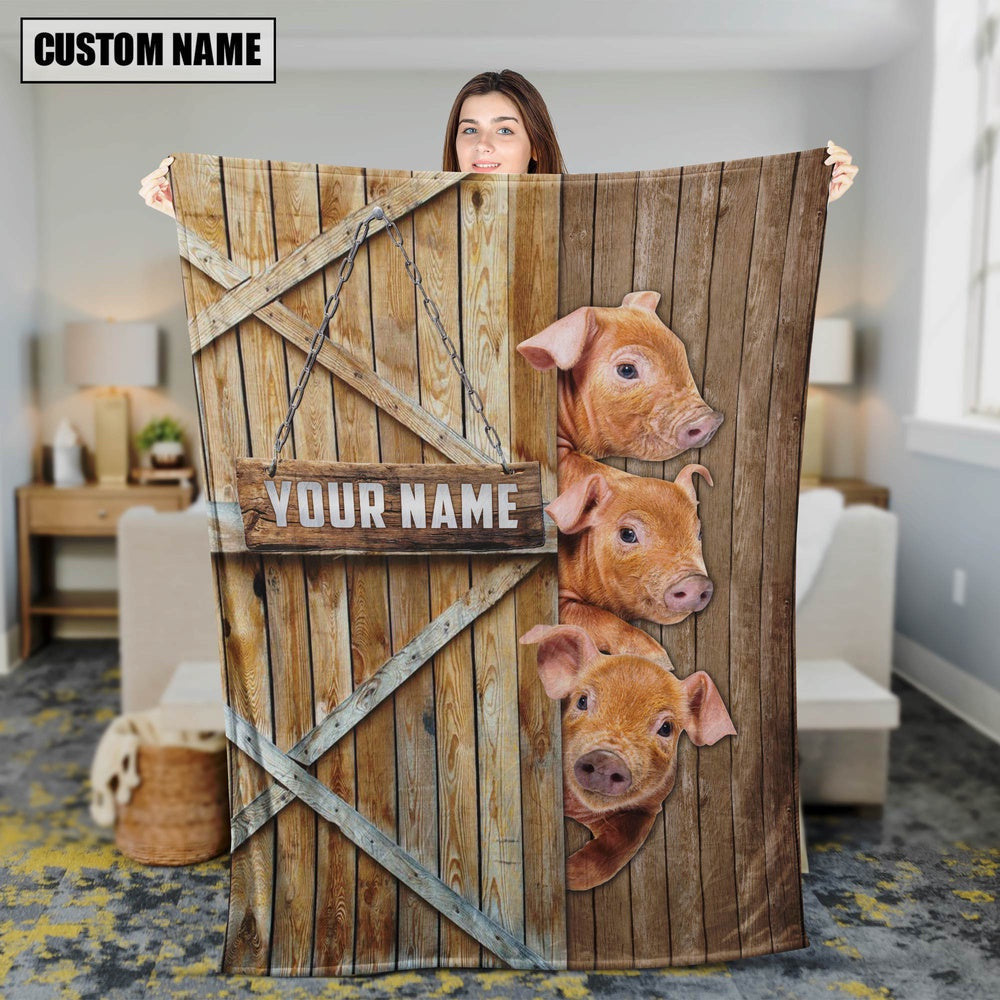 Personalized Name Pig Brown Barn Blanket, Farm Blanket, Farm Animal Blanket