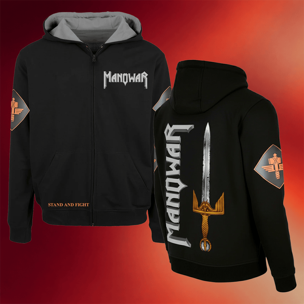Manowar Merch 2026 The Sword Zip Hoodie Stand And Fight Hoodie Gifts For Band Fans