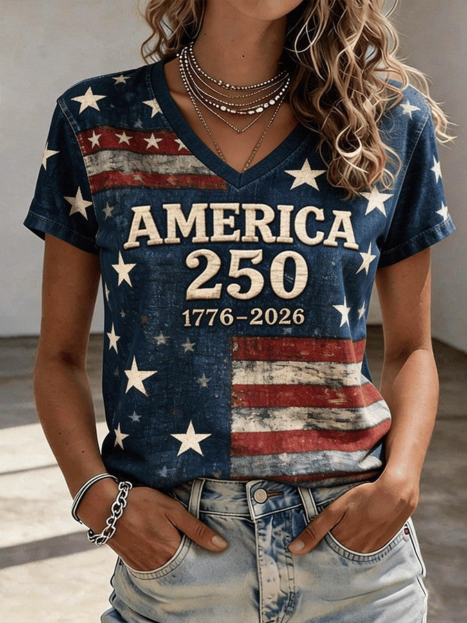 America 250 Years 1776 2026 V-Neck Shirt American Flag Outfit For Women Gifts For Mom
