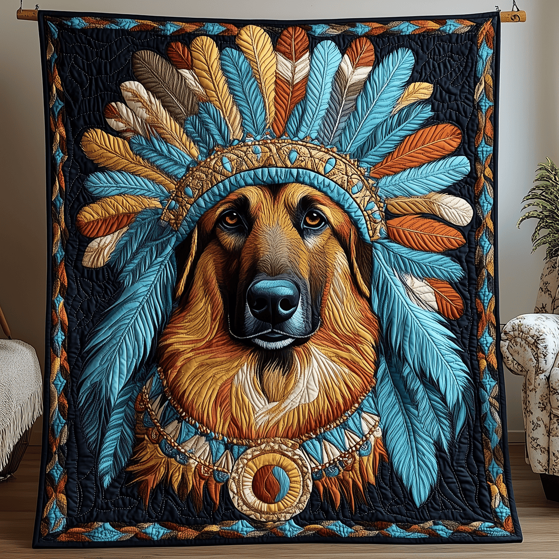 German Shepherd Dog Throw Blanket Native American Pattern Quilt Gift Ideas For Her