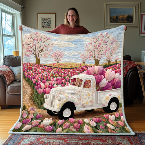 White Truck With Tulip Flowers Blanket Throws Valentine's Day Gifts For Newly Married