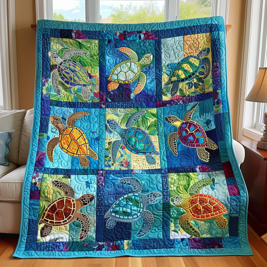 Mesmerizing Turtles Quilted Balnket Ocean Blue Throw Blanket Stepdad Gifts For Father's Day