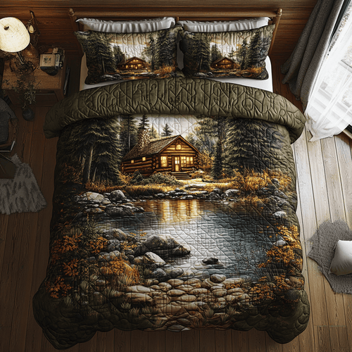 Cabin Glow Quilt Bedding Set Camping King Size Bed Set Gift for Camping Lovers