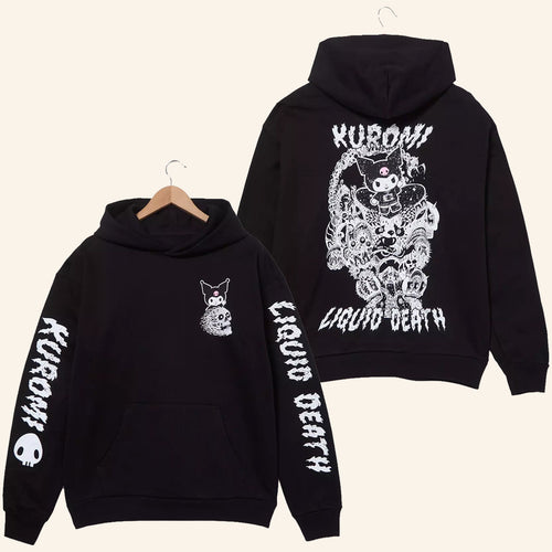 Anime Merch Sanrio Kuromi x Liquid Death Tonal Logo Hoodie Present For Husband