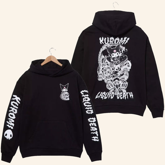 Anime Merch Sanrio Kuromi x Liquid Death Tonal Logo Hoodie Present For Husband