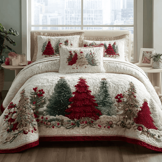 Frosted Wonder Quilt Bedding Set Colorful Pine Tree King Size Comforter Present for Parents