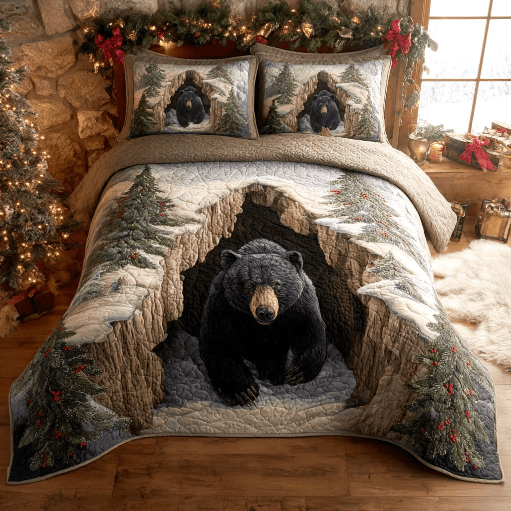 Holiday Black Bear Quilt Bedding Set Forest Themed Duvet Covers Gift for Mom
