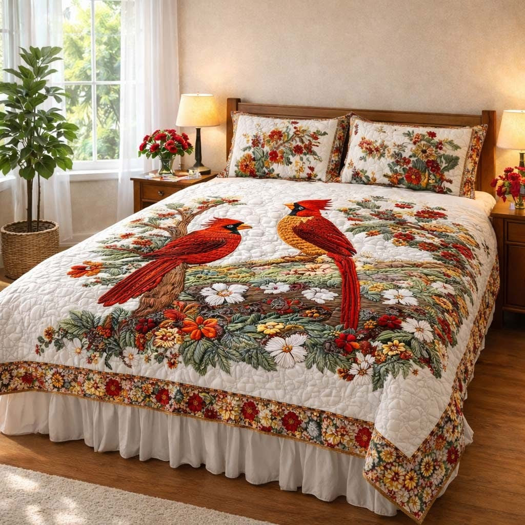Cardinal Love Dance Quilted Bedding Set Bedroom Decorations Gifts For Cardinal Lovers - Mouldkingstore