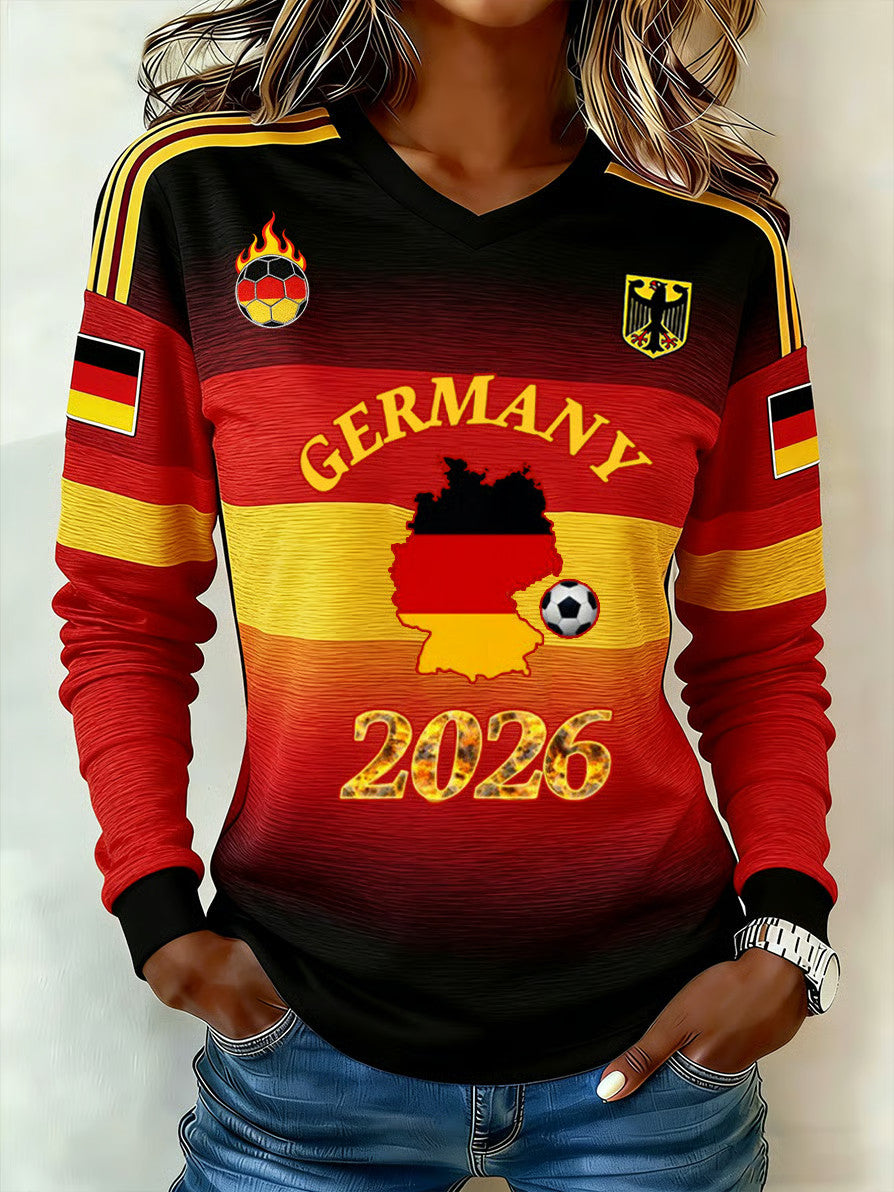 Germany Soccer 2026 World Cup V-Neck Long Sleeve Shirt Best Gifts For Germany Fans For Women