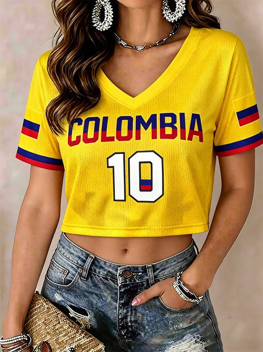 Colombia Football 2026 World Cup V-Neck Crop Top No 10 Game Day Outfits Gifts For Sisters