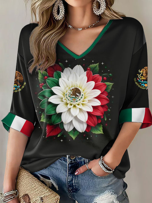 Mexico FIFA World Cup 2026 Long Sleeve V-Neck Shirt Floral Game Day Shirt Football Fan Gifts