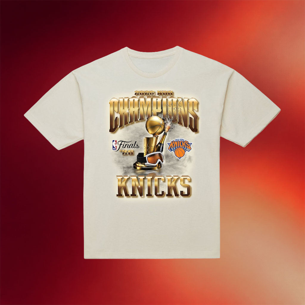 New York Knicks Champions Merch NY Knicks Mitchell And Ness 2026 Finals Champions T-Shirt Natural