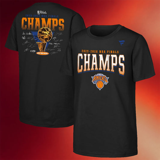 New York Knicks Champions Merch NY Knicks 2026 Finals Champions Trophy Signature Roster T-Shirt