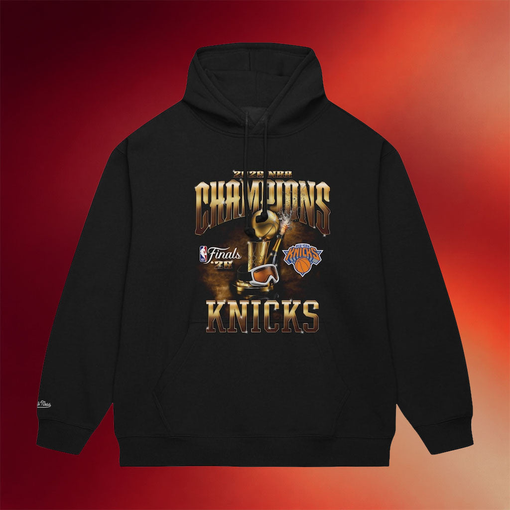 New York Knicks Champions Merch New York Knicks Mitchell And Ness Black 2026 Finals Champions Hoodie