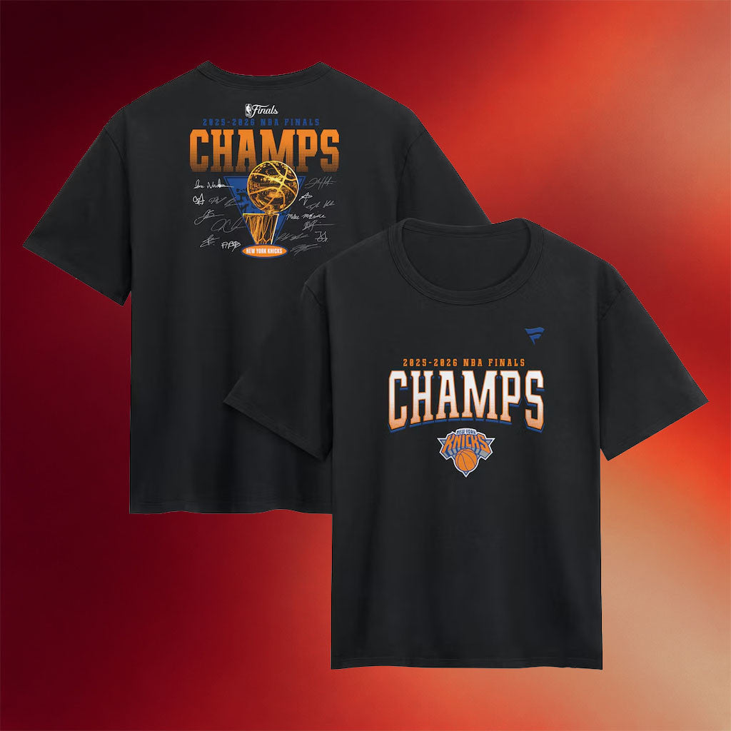 New York Knicks Champions Merch 2026 NY Knicks 2026 Finals Champions Roster Trophy T-Shirt Black