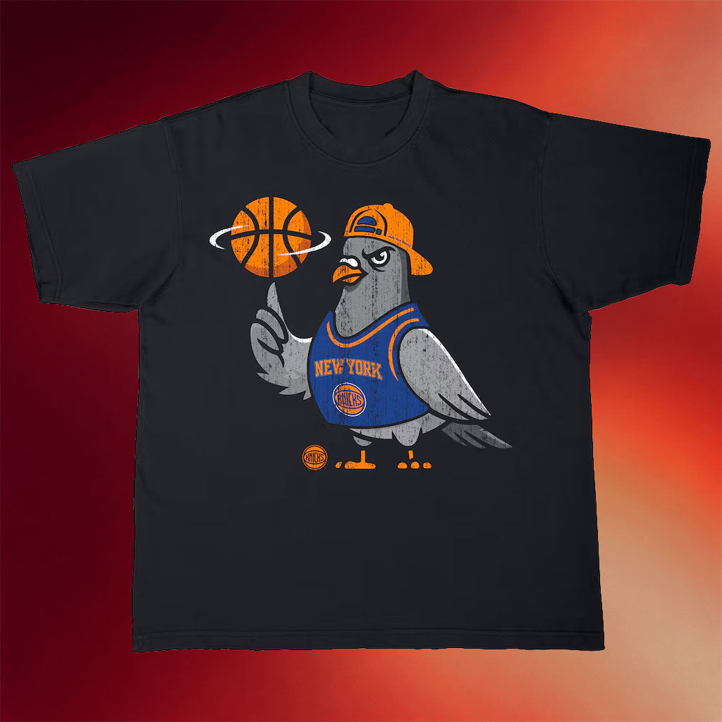 New York Knicks Champions Merch 2026 New York Knicks Stadium Black Pigeon T-Shirt Fan Apparel