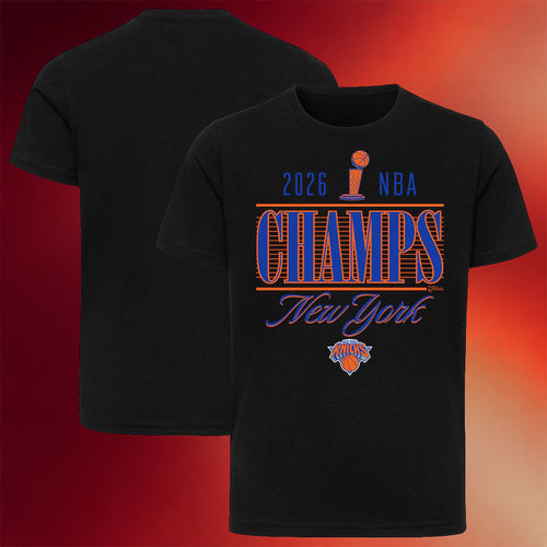 New York Knicks Champions Merch NY Knicks Black 2026 Finals Champions Trophy Skyline T-Shirt