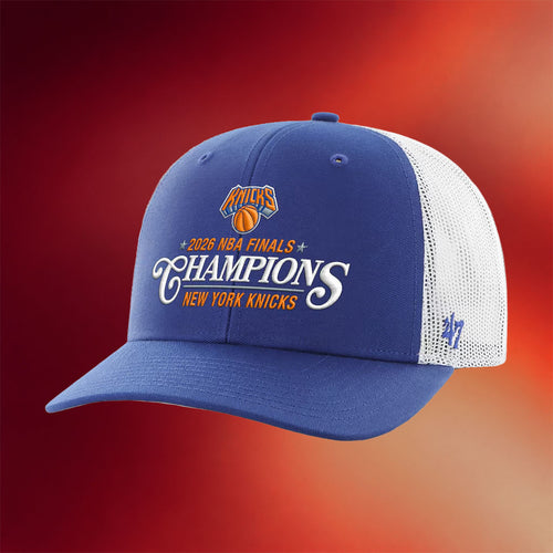 New York Knicks Champions Merch NY Knicks 47 Blue 2026 Finals Champions Trucker Hat Embroidered