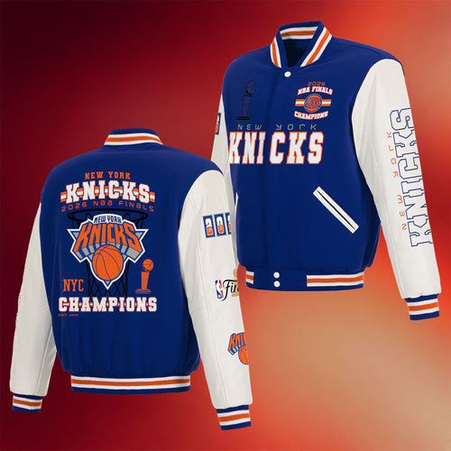 New York Knicks Champions Merch 2026 NY Knicks Blue White Finals Champions Varsity Jacket Gifts